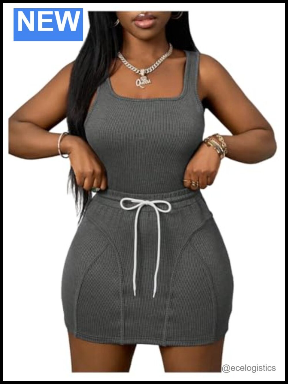 Plus Size 2 Piece Rib Knit Tank Top & Mini Skirt Set Women's